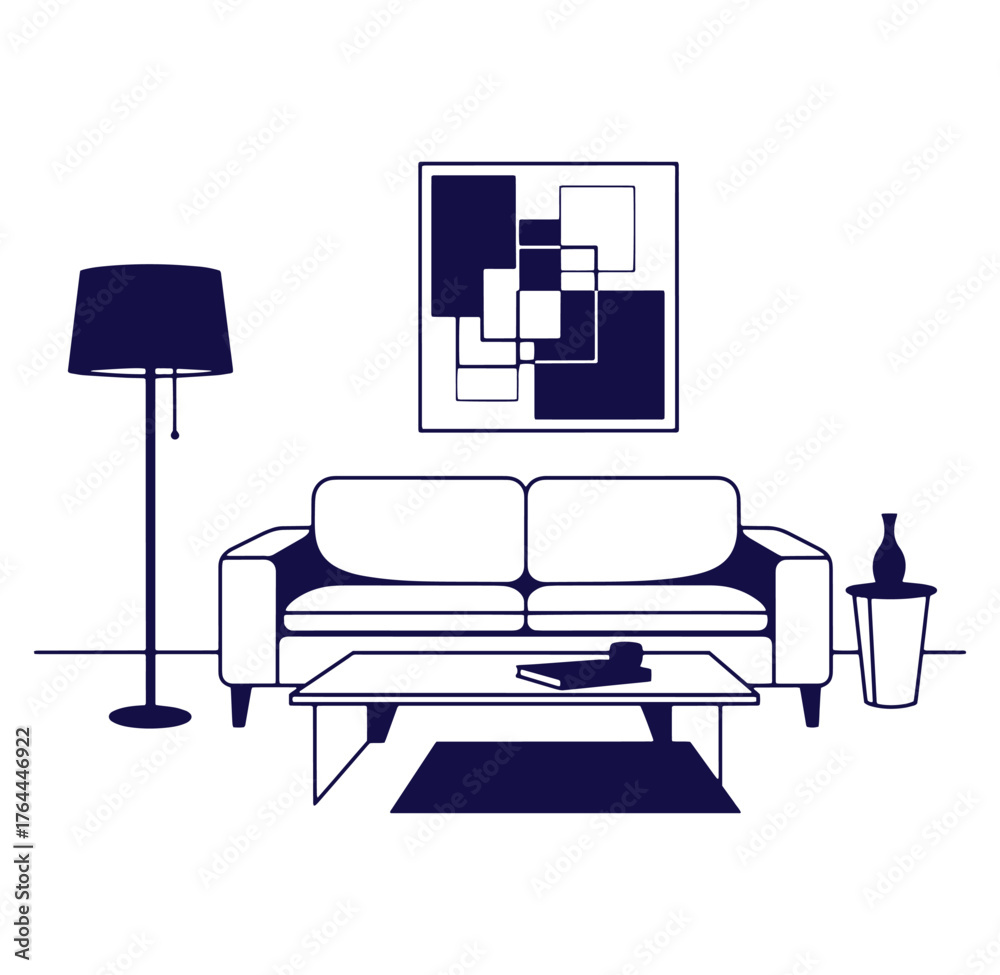 Fototapeta premium Modern living room interior illustration featuring a sofa lamp coffee table and decorative art
