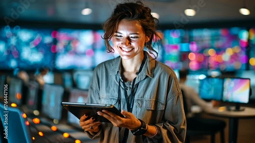 Happy female technician smiling in a control room with screens and technology