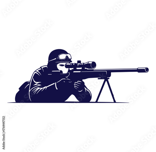 Silhouette of a sniper aiming a rifle with a scope on a mission isolated