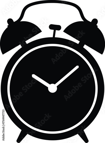 vintage alarm clock with twin bells on top, solid black silhouette