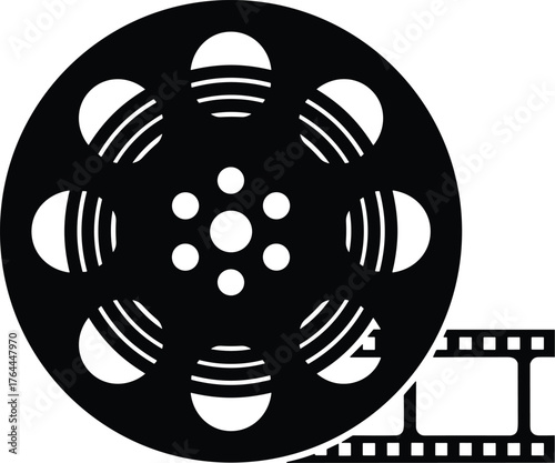 vintage film reel with visible circular cutouts, solid black silhouette
