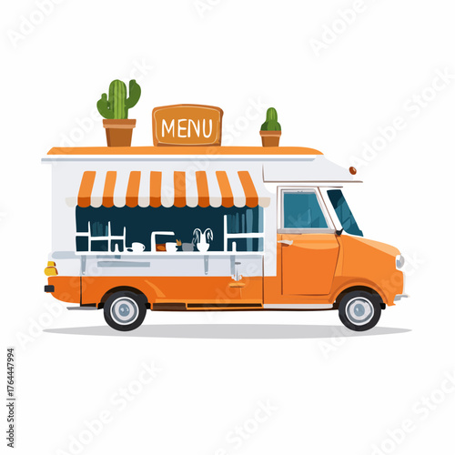 Orange food truck side view menu coffee white chair poster