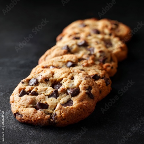 Freshly baked chocolate chip cookies arranged on a dark background ready to be enjoyed and shared with family or friends