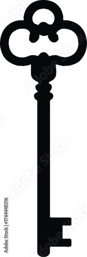 vintage key with ornate handle and long shaft, solid black silhouette