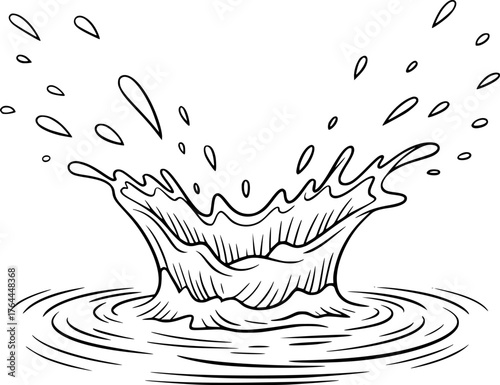 Black and white line drawing of a water splash liquid motion