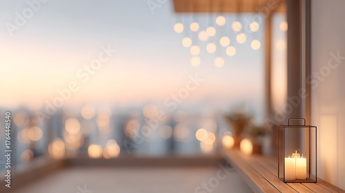 Modern apartment balcony INTENTIONALLY BLURRED IMAGE with floating lanterns and city light glow