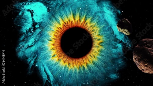 A rotating nebula shaped like a giant human eye with passing spinning asteroids against a starry sky with falling meteors. 4K video animation 60 fps.