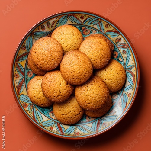 Homemade cookies arranged on a decorative plate with colorful patterns