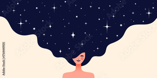 Dream universe flows through woman figure, girl with cosmic night sky in hair. Woman dream vision shines, girl in flat style, universe dream surrounds woman girl cosmos. Vector Illustration