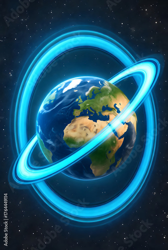 Earth in Space, Futuristic Earth with Glowing Rings