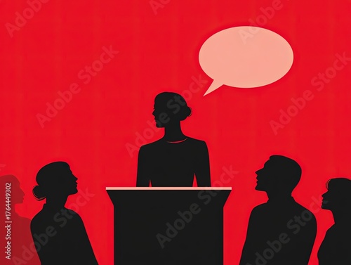 Female Politician Speech at Podium Vector Illustration, Visionary Leader Presentation with Silhouette Audience on Red Background.