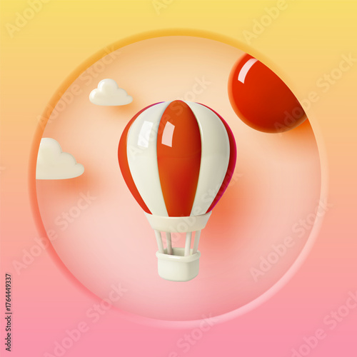 3D Hot Air Balloon Floating in Orange and Pink Sky with Soft Clouds Illustration