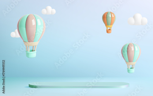 3D Hot Air Balloons Floating in Blue Sky with Clouds and Pastel Display Platform