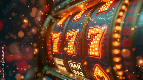 close-up of a glowing casino slot machine showing triple sevens, surrounded by neon lights and vibrant reflections. Generative ai vector colorful illustration.