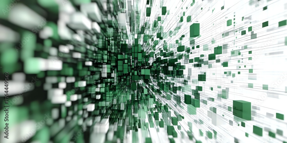 Obraz premium Abstract green and white digital particles bursting from center point creating dynamic perspective tunnel effect with floating geometric squares and blocks.