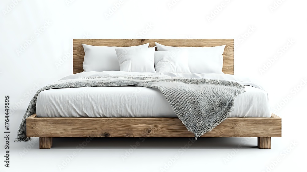 Obraz premium Modern minimalist wooden bed frame with white bedding and gray knitted throw blanket on clean background, contemporary bedroom furniture design.