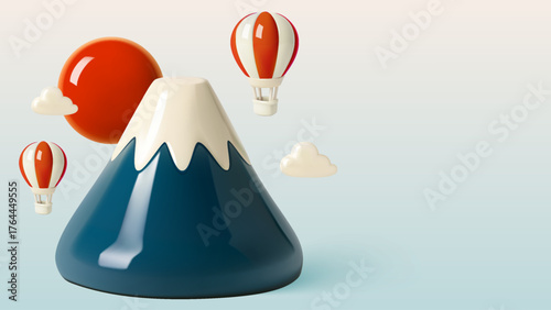 3D Hot Air Balloons Flying Over Snowy Mountain with Clouds and Rising Sun in Pastel Sky