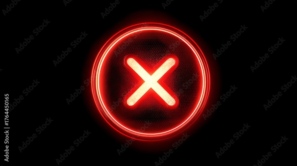 Obraz premium Fierce red neon 'X' symbol glows intensely within a dark, abstract digital environment, signifying error or cancellation with dramatic flair.