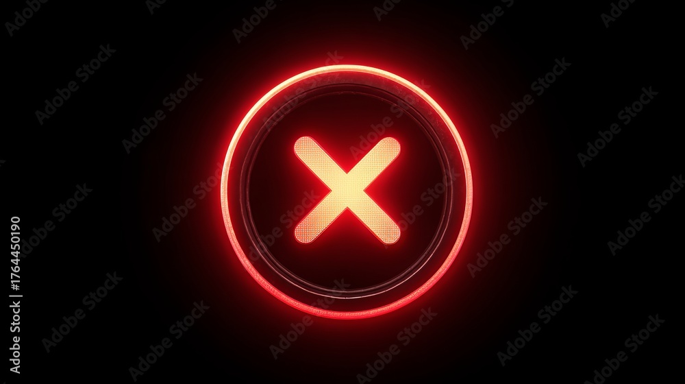 Fototapeta premium Vibrant red neon 'X' symbol glows intensely within a dark circular frame, signifying negation or error.