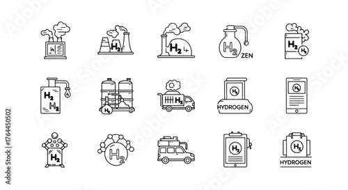 Vector art of collection of hydrogen energy icons, representing production, storage, and usage