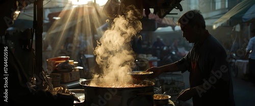 Silhouette view of an old man selling grilled food at a traditional market