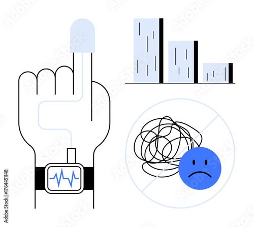 Hand with sensor connected to wearable device displaying heart rate, bar graph, and mental health imagery. Ideal for healthcare, wellness, technology, fitness, data, mindfulness digital health