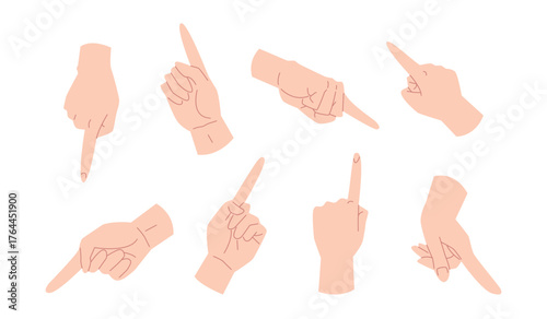 Set of pointing hands in multiple directions. Flat vector illustration.