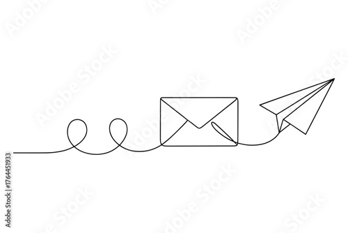 e mail concept with Paper Airplane,
Continuous Line Drawing of Paper Airplane and Envelope,
Black and White Art Symbolizing Communication and Travel