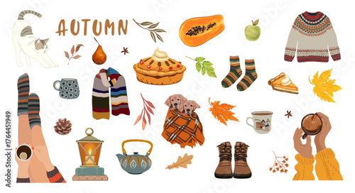 Autumn-themed digital sticker set with cozy fall elements: cats, fruits, pie, coffee, sweaters, scarves, leaves, lanterns, boots, and seasonal decorations on transparent background