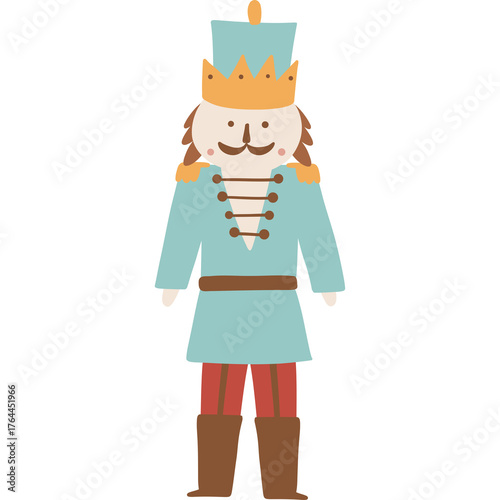 Nutcracker Figure in Light Blue Uniform Red Trousers and Golden Crown with Moustache and Musical Instrument Themed Details against a White Background