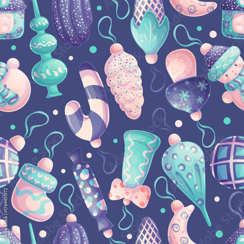 Seamless pattern with painted Christmas tree toys on a blue background. The concept of Christmas, New Year. Vector illustration for postcards, posters, banners, websites, printing design