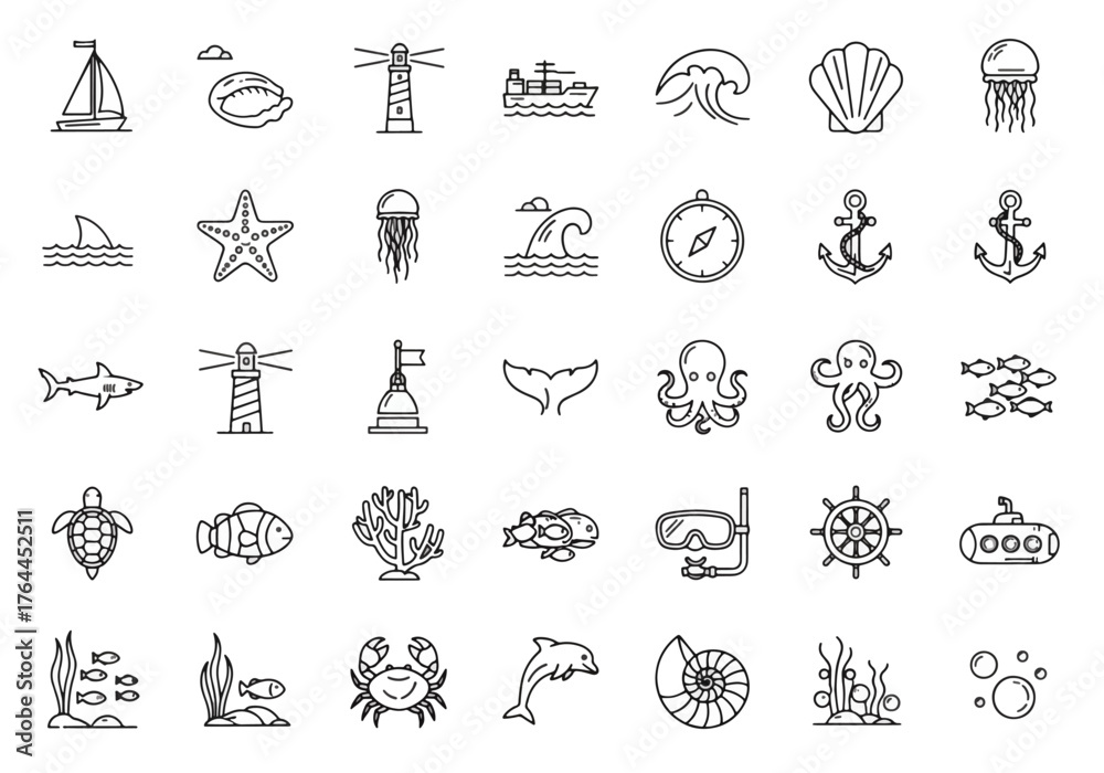 Fototapeta premium Vector art of collection of various sea related icons including sea animals, boats, and nautical elements