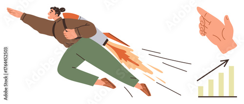 Person flying upward with jetpack, accompanied by a pointing hand and growth chart. Ideal for innovation, motivation, personal growth, business success, leadership, achievement and progress. Simple