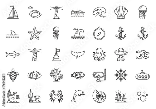 Vector art of collection of various sea related icons including sea animals, boats, and nautical elements