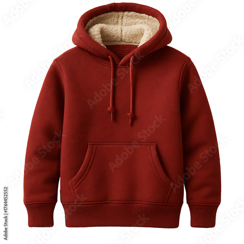 Red sherpa lined hoodie sweatshirt with kangaroo pocket isolated on transparent background