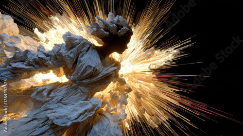 Woman in virtual chaos artwork embodies dynamic energy and creativity with striking visual elements and vibrant colors