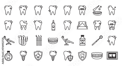 Vector art of dental care icons for dentistry, orthodontics, and oral hygiene concept