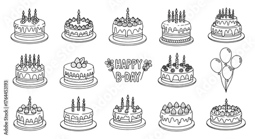Vector art of collection of handdrawn birthday cake illustrations with candles and decorations