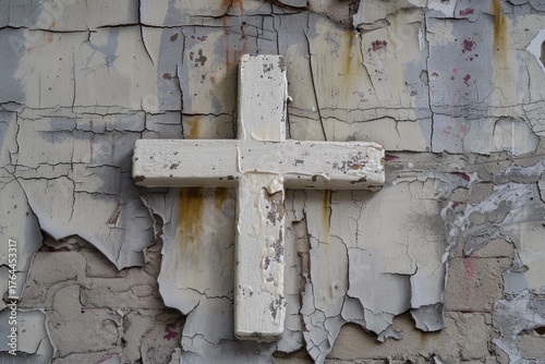 White wooden cross hanging on a grunge wall representing faith, hope, and religion