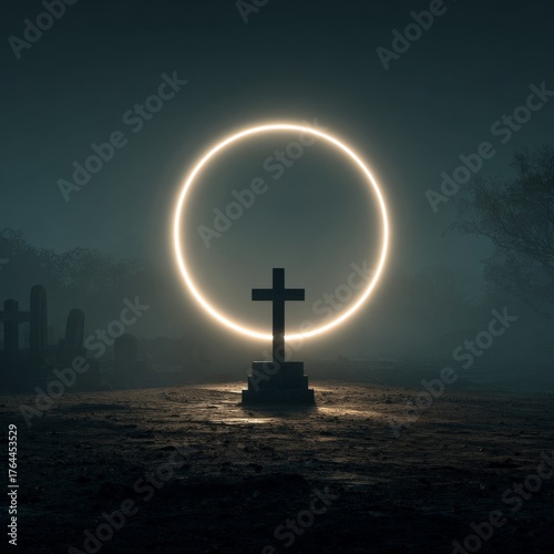 Glowing ring surrounds cross in a foggy cemetery at night