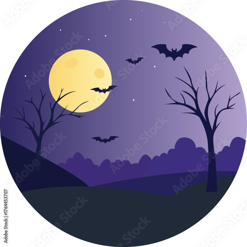 Spooky Halloween night with full moon and flying bats in dark forest.