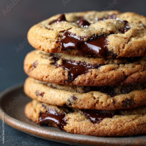 Freshly baked chocolate chip cookies stacked on a dark plate with melting chocolate, perfect for dessert