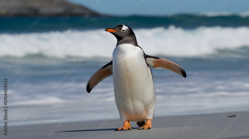 Obraz premium Gentoo penguin standing on a sandy beach wings outstretched with ocean waves in the background showcasing wildlife and nature