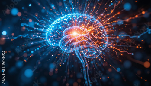 Vibrant brain activity with interconnected light trails representing energetic thought processes
