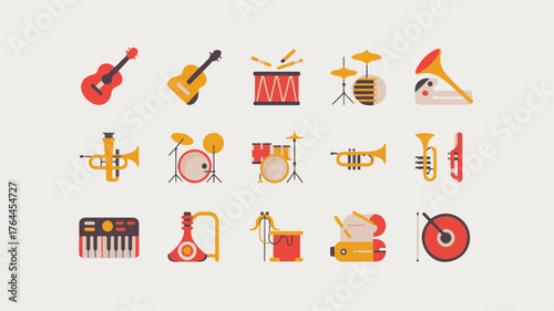 Collection of illustrated musical instruments and percussion equipment in a flat design style guitar