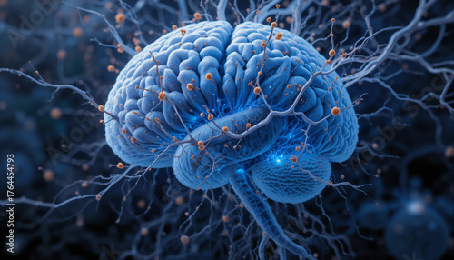 Complex brain cells merging with intricate mycelial network patterns, symbolizing connectivity and intelligence