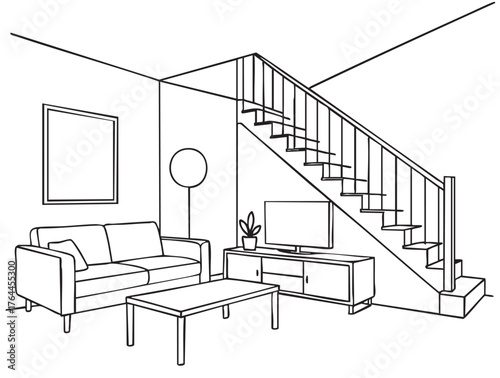 Modern Living Room Interior Sketch living room with staircase