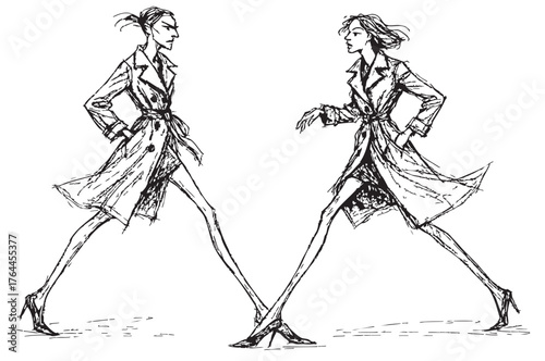 Abstract sketch angry fashion models in trench, coat