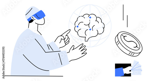 Person wearing VR headset interacting with a brain diagram, digital coins, and financial data. Ideal for technology, innovation, neuroscience, virtual reality, data analysis, finance education