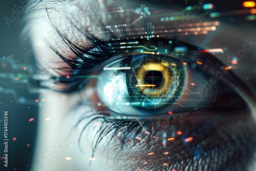 Woman eye with futuristic digital data analysis and scanning lines glowing in yellow and blue